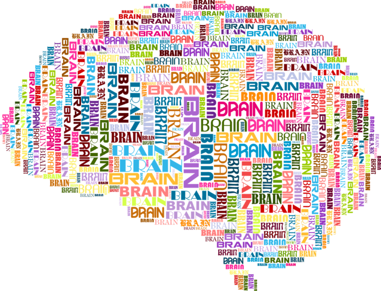 Colorful word cloud in brain shape with multiple iterations of the word "BRAIN".