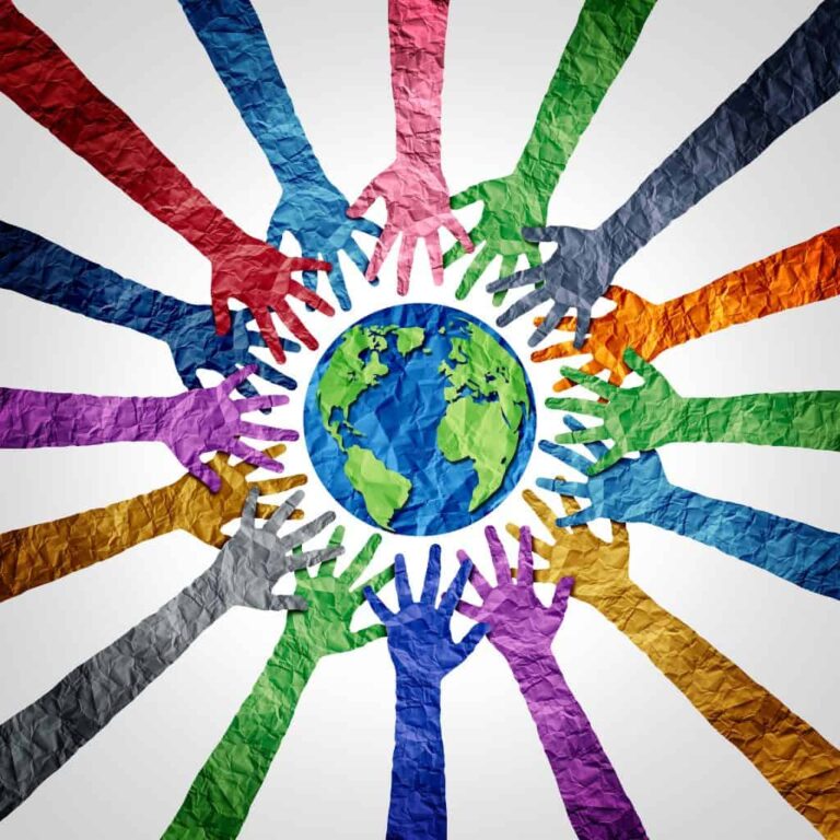 Multicolored hands encircle Earth, symbolizing unity in culturally sensitive therapy.